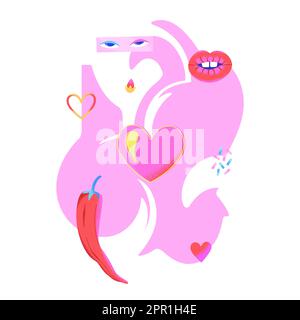 Composition abstraite psychédélique rose avec coeurs, lèvres, yeux, piment et fond rose. Art contemporain Amour abstrait. Design pour la Saint-Valentin. Illustration vectorielle Illustration de Vecteur