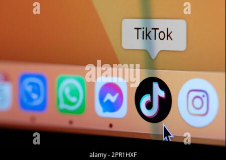 New york, Etats-Unis - 25 avril 2023 : lancez l'application TikTok sur l'écran de l'ordinateur portable en gros plan Banque D'Images