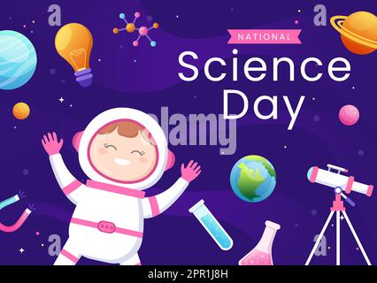 Journée nationale des sciences 28 février concernant les produits chimiques liquides, scientifiques et la recherche avec des enfants en dessin animé à la main dessins à la main Illustration Illustration de Vecteur