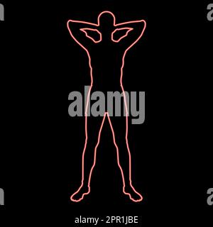 Neon concept Relax sportif faire de l'exercice homme tient les mains derrière la tête icône rouge couleur vecteur illustration image modèle plat Illustration de Vecteur