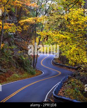 L'autoroute se courbe et se déforme sur Bays Mountain à Kingsport, Tennessee. Feuilles d'automne dans les bois de remplissage jaune et orange. Banque D'Images