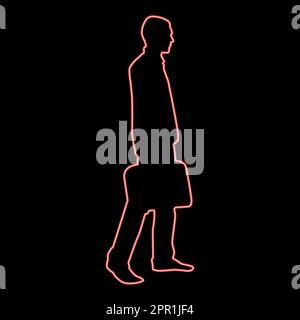 Homme d'affaires néon avec porte-documents homme de marche avant avec un sac de travail dans sa main icône silhouesse rouge couleur vecteur illustration image style plat Illustration de Vecteur