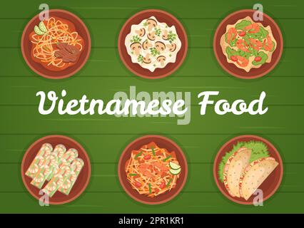 Menu du restaurant de cuisine vietnamienne avec une collection de plats délicieux dans le style plat dessin main dessin de dessin de dessin de modèle Illustration Illustration de Vecteur