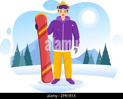 Snowboard avec des personnes qui glissent et sautent sur Snowy Mountain Side ou Slope Inside Flat Cartoon modèles dessinés à la main Illustration Illustration de Vecteur