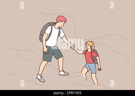 L'homme attentionné aide la femme à grimper Illustration de Vecteur