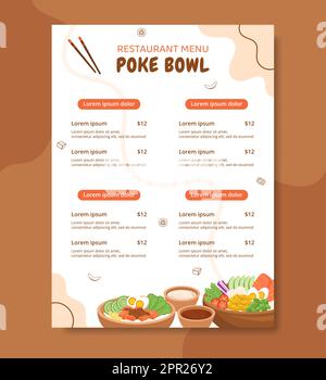 Illustration du modèle de menu de la nourriture de Poke Bowl dessin à la main du dessin à plat du dessin animé Illustration de Vecteur