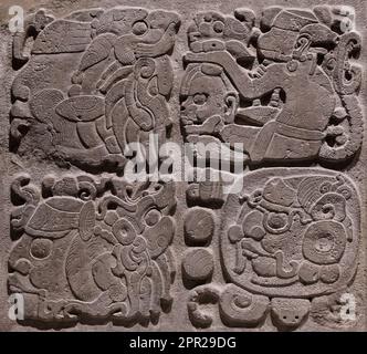 Gros plan de l'alphabet maya hiéroglyphe ou système d'écriture de glyphe trouvé à Copan (Honduras), Tikal (Guatemala) et Chichen Itza, Palenque, Uxmal (Mexique). Banque D'Images