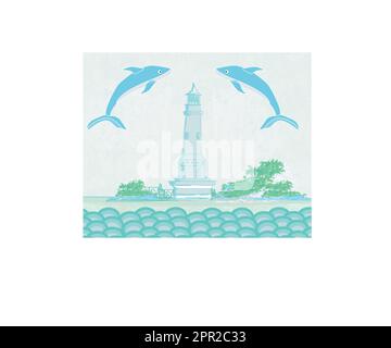 Vu de phare d'une petite plage et les dauphins Illustration de Vecteur