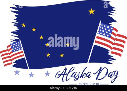 Joyeux jour de l'Alaska sur 18 octobre dessin main de dessin animé de dessin animé drapeau en paysage d'hiver en modèle pour bannière ou affiche Illustration de Vecteur