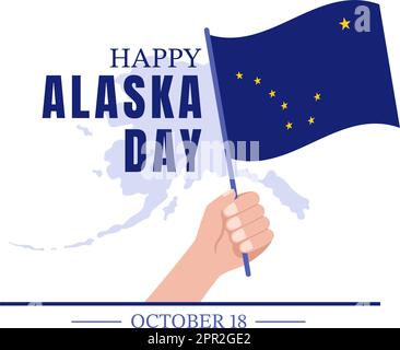 Joyeux jour de l'Alaska sur 18 octobre dessin main de dessin animé de dessin animé drapeau en paysage d'hiver en modèle pour bannière ou affiche Illustration de Vecteur