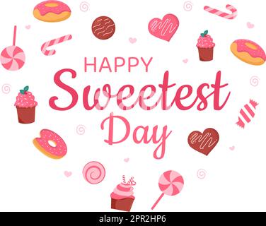 Joyeux jour sucré le 21 octobre Sweet Holiday Event dessin main dessin de dessin animé dessin animé dessin animé de dessin animé avec des gâteaux et de la bonbons dans un fond rose Illustration de Vecteur