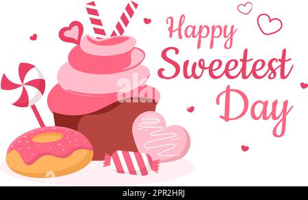 Joyeux jour sucré le 21 octobre Sweet Holiday Event dessin main dessin de dessin animé dessin animé dessin animé de dessin animé avec des gâteaux et de la bonbons dans un fond rose Illustration de Vecteur