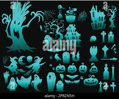 caricature halloween sinistre silhouettes sorcières monstres fantôme créepy Illustration de Vecteur