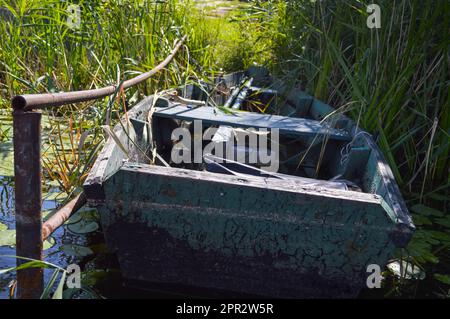 Vieux ravin en bois délabré bateau brisé pour nager sur les rives de la rivière, lac, mer dans l'herbe et roseaux dans la nature. Banque D'Images