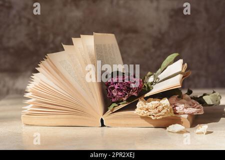 Livre avec de belles fleurs séchées sur table lumineuse Banque D'Images