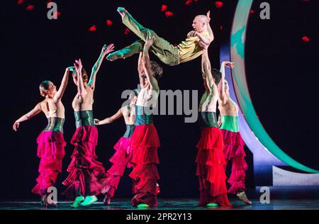 Schwerin, Allemagne. 25th avril 2023. Benjamin Wilson (ci-dessus) comme le petit prince et la compagnie de ballet dansent dans la pièce de ballet "le petit prince" au théâtre d'État de Mecklembourg. (Photo de la répétition dans les médias le 04/25/2023) l'adaptation de la danse par le chef chorégraphe Wiest sera en première le 04/28/2023. Credit: Jens Büttner/dpa/Alay Live News Banque D'Images