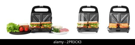 Set avec des grils, des sandwiches savoureux et différents produits sur fond blanc. Bannière Banque D'Images