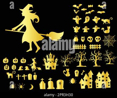 ensemble d'éléments dorés icônes de silhouettes d'halloween Illustration de Vecteur