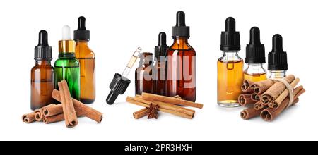 Set avec des bouteilles d'huile essentielle naturelle et des bâtons de cannelle secs sur fond blanc. Bannière Banque D'Images