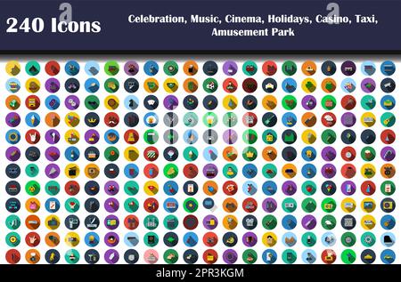 240 icônes de la fête, de la musique, du cinéma, des vacances, du casino, Taxi, parc d'attractions Illustration de Vecteur