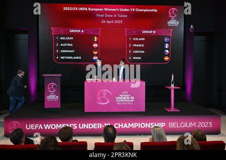 Tubize, Belgique - 26 avril : vue générale prise en photo lors du 2022/23 tirage au sort final du Championnat européen des femmes de moins de 19 ans de l'UEFA au camp de base de l'Association royale de football belge sur 26 avril 2023 , à Tubize en Belgique. Photo de Sportpix | David Catry Banque D'Images