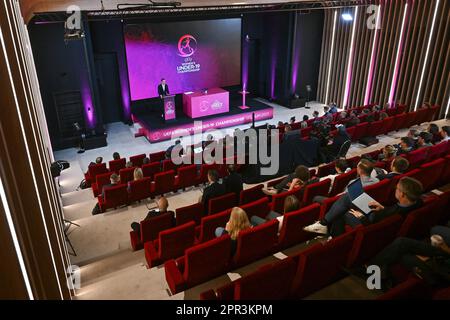 Tubize, Belgique - 26 avril : vue générale prise en photo lors du 2022/23 tirage au sort final du Championnat européen des femmes de moins de 19 ans de l'UEFA au camp de base de l'Association royale de football belge sur 26 avril 2023 , à Tubize en Belgique. Photo de Sportpix | David Catry Banque D'Images