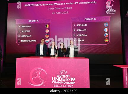 Tubize, Belgique - 26 avril : vue du tirage au sort du Championnat européen des femmes de moins de 19 ans de l'UEFA avec des membres de la Belgique, de l'Autriche, de l'Allemagne et des pays-Bas lors du 2022/23 tirage au sort du Championnat européen des femmes de moins de 19 ans de l'UEFA au camp de base de l'Association royale belge de football sur 26 avril 2023 , à Tubize Belgique. Photo de Sportpix | David Catry Banque D'Images