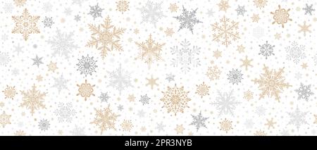 Fond décoratif de Noël sans couture avec étoiles et flocons de neige. Noël et bonne année fond doré et argenté avec flocons de neige. Banque D'Images