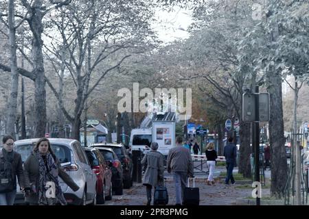 Paris, France - 23 septembre 2017 : boulevard parisien avec platanes remplis de véhicules, piétons Banque D'Images