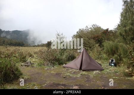 Camping avec une tente hexagone, hexapeak ou hexamide dans le désert Banque D'Images