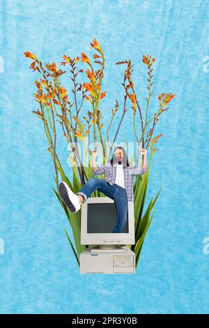 Affiche bannière image collage de jeune gars funky de PC rétro écran d'ordinateur annoncer 8 mars événement fête avec fleurs sauvages Banque D'Images