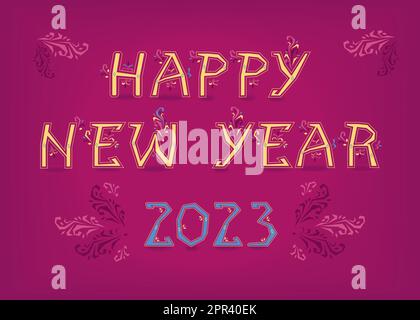 Bonne année 2023 inscription artistique avec décor botanique folklorique Illustration de Vecteur