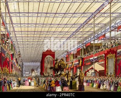 La reine Victoria et le prince Albert visitant la nef étrangère de la Grande exposition 1851 à l'intérieur du Crystal Palace, Londres, Angleterre, illustration par Joseph Nash, 1854 Banque D'Images