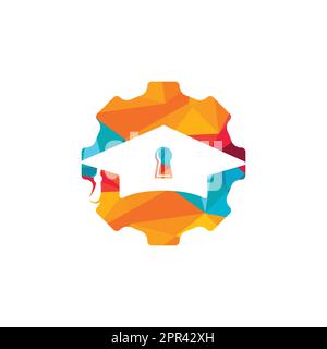 Concept de conception du logo de sécurité de l'enseignement. Illustration d'une affiche pour cadenas avec un chapeau de Bachelor et un équipement. Illustration de Vecteur