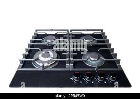 Cuisinière à gaz en verre trempé noir contemporain avec brûleur wok avec bouton d'allumage automatique, supports de casseroles en fonte et valve de sécurité anti-flamme intégrée Banque D'Images