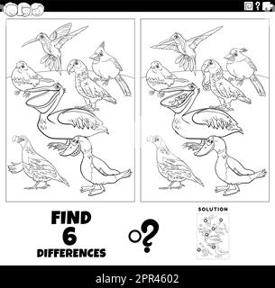 jeux de différences avec dessin animé oiseaux animaux coloriage page Illustration de Vecteur