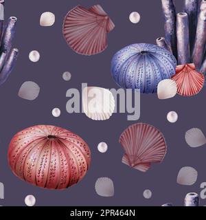 Motif aquarelle sans coutures avec coraux, oursins, coquillages et perles. Peinture à la main des objets de vie sous-marins de clipart sur un fond blanc isolé. Pour Banque D'Images