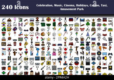 240 icônes de la fête, de la musique, du cinéma, des vacances, du casino, Taxi, parc d'attractions Illustration de Vecteur