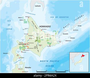 Carte de l'île japonaise de Hokkaido Illustration de Vecteur