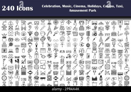 240 icônes de la fête, de la musique, du cinéma, des vacances, du casino, Taxi, parc d'attractions Illustration de Vecteur