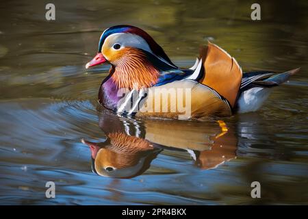 Le canard mandarin mâle très coloré fait une bonne réflexion sur un étang urbain local. Une espèce de canard perching indigène du Paléarctique oriental. Banque D'Images