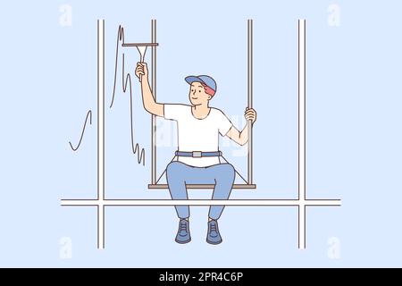 Homme accroché à des cordes nettoyer la fenêtre du bâtiment Illustration de Vecteur