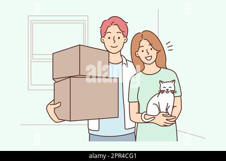 Couple heureux avec chat le jour de déménagement Illustration de Vecteur