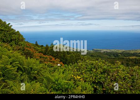 Vue panoramique depuis le bord de Caldeira de Faial, Açores, Portugal Banque D'Images