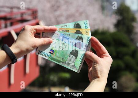 Won sud-coréen. Devise de la Corée du Sud - tenue à la main des billets utilisés. L'argent coréen. Banque D'Images