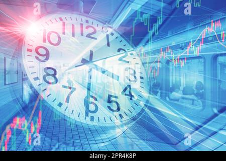 les heures de travail et les personnes voyagent en heures de travail pour le concept financier. tableau de stock de l'horodateur en train souterrain. Banque D'Images