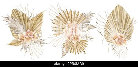 Fleurs de boho. Jeu d'illustrations florales aquarelles dessinées à la main avec feuilles de palmier séchées et orchidées sur fond isolé dans le style bohème. Bouquets tropicaux pour cartes de vœux ou invitations de mariage Banque D'Images