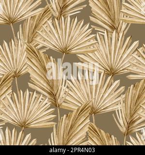 Motif sans couture avec feuilles de palmier séchées sur fond marron foncé. Illustration aquarelle dessinée à la main dans le style boho, dans des couleurs dorées. Décoration bohémien pour papier peint ou papier d'emballage. Imprimé botanique. Banque D'Images