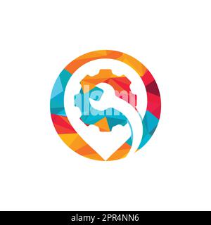 Gabarit de logo de point de goupille de clé à engrenages. Illustration vectorielle de l'emplacement de l'atelier. Illustration de Vecteur