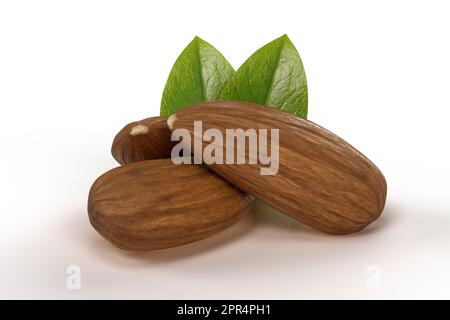 Trois amandes avec des feuilles isolées sur fond blanc, détails de haute qualité, 3D rendu Banque D'Images